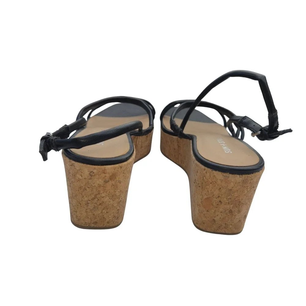 Sun + Stone Bellah Sandals Women Size 9 Black Strappy Cork Platform Wedge Summer